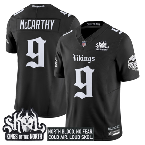 Men's Minnesota Vikings #9 J.J. McCarthy Black 2025 F.U.S.E. Kings of the North Patch 'Gothic Norseblood Edition' Vapor Untouchable Limited Stitched Football Jersey Men's Minnesota Vikings #9 J.J. McCarthy Black 2025 F.U.S.E. Kings of the North Patch 'Gothic Norseblood Edition' Vapor Untouchable Limited Stitched Football Jersey